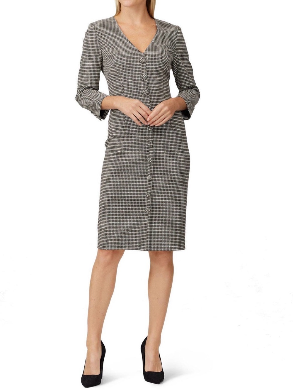 Badgley Mischka Black and White Houndstooth Button-Front Midi Dress